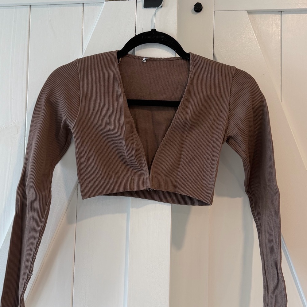 Zara Ribbed Deep V Cropped Cardigan – Brown (Size S)